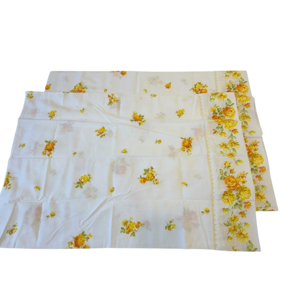 Vintage Standard Pillowcase‎ Set White Yellow Floral Cottagecore Retro Trim